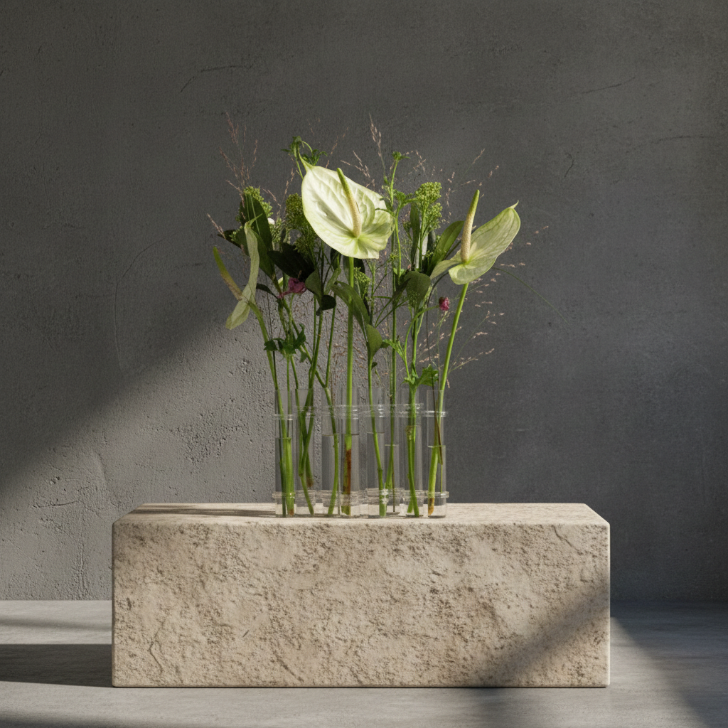 8 clear, slender and flexible glass vases from hanataba with green leaves on a stone block against a dark gray background