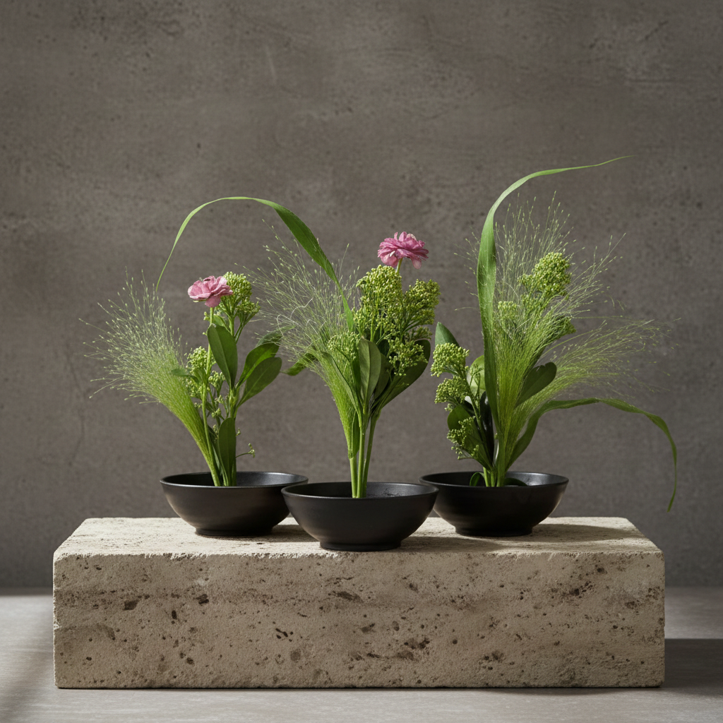 Three black bowls with plants on a stone block against a gray background