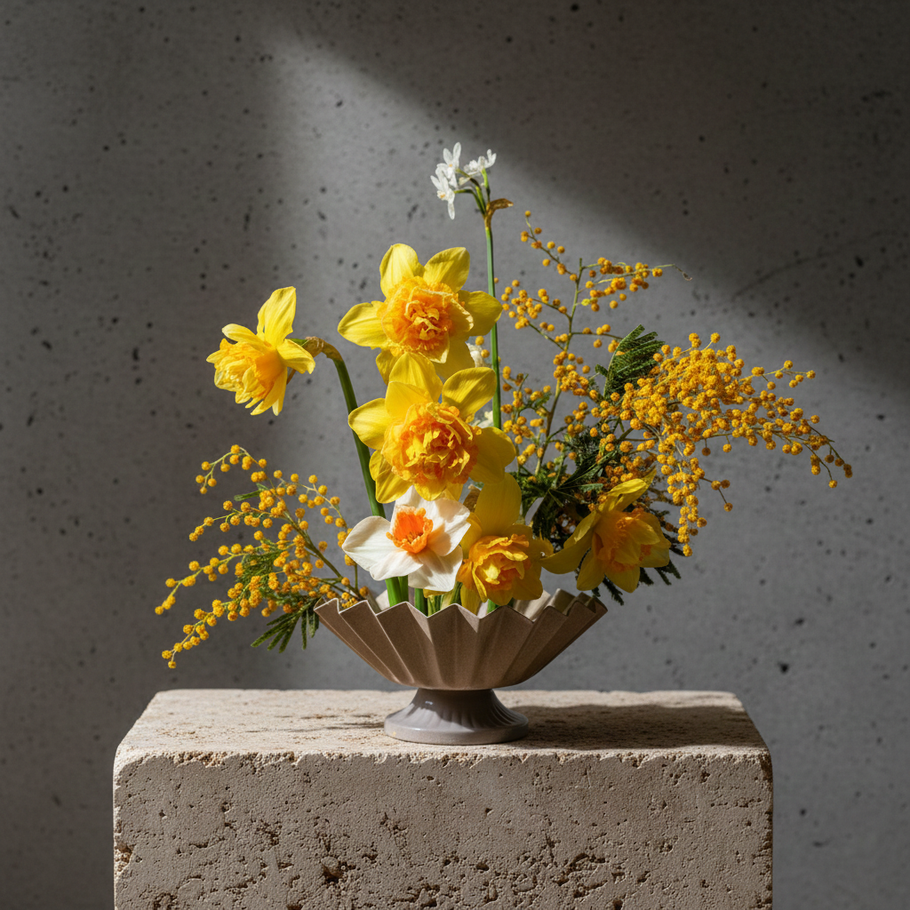 Bouquet of yellow flowers in a decorative vase on a concrete block with a dark background