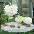 White dahlias, green flowers on a kenzan flower frog 70 mm and a 34 mm flower frog and pumpkins standing on a marble table with greenery in the background