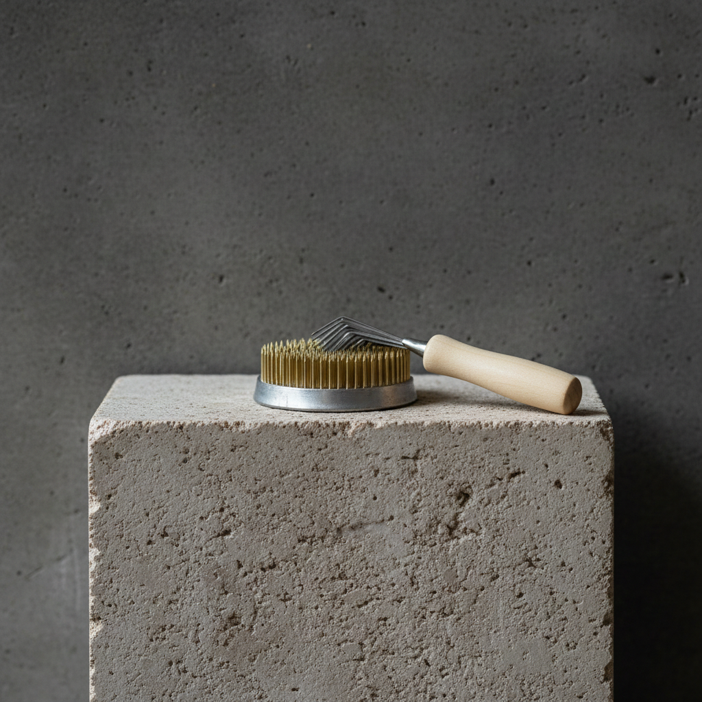 Metallic brush with wooden handle called hanataba kenzan rake that keeps your kenzans clean and fresh lying on a kenzan 70 mm flower frog on a concrete block against a dark gray background