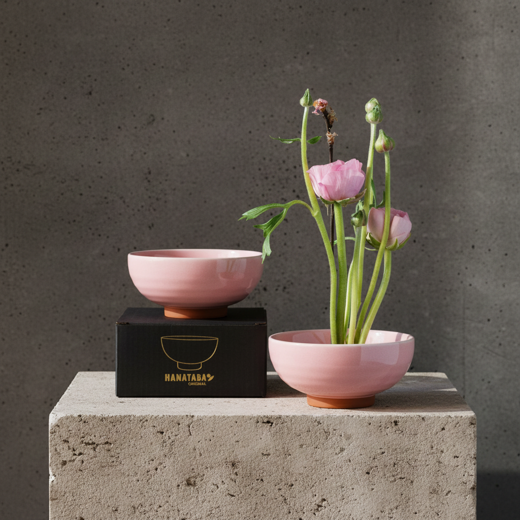 Pink ceramic bowl with flowers on a concrete surface against a gray background