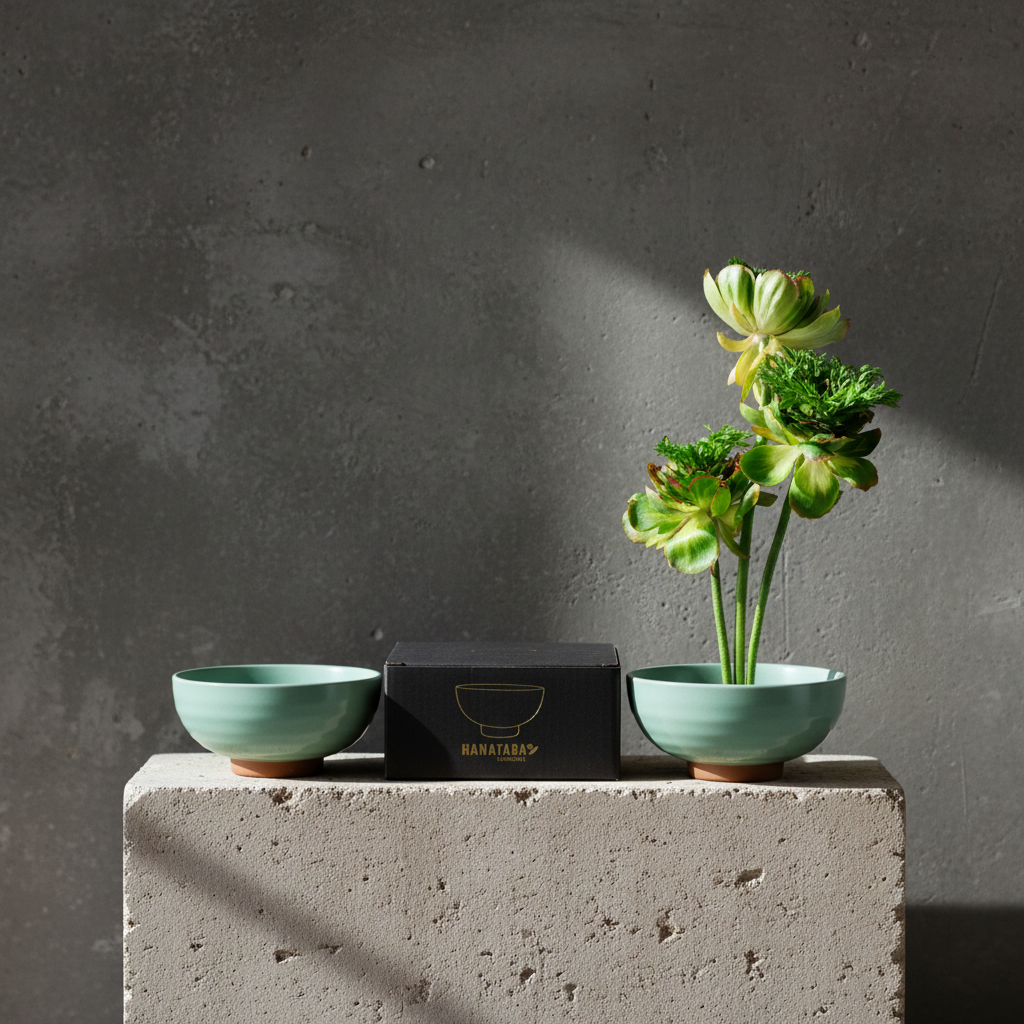 Two turquoise bowls and a black box on a concrete block with a gray background