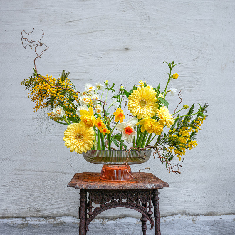 A vibrant floral arrangement featuring yellow gerberas, daffodils, and mimosa anchored by a 200mm Kenzan Fakir ring against a white wall on an antique table.