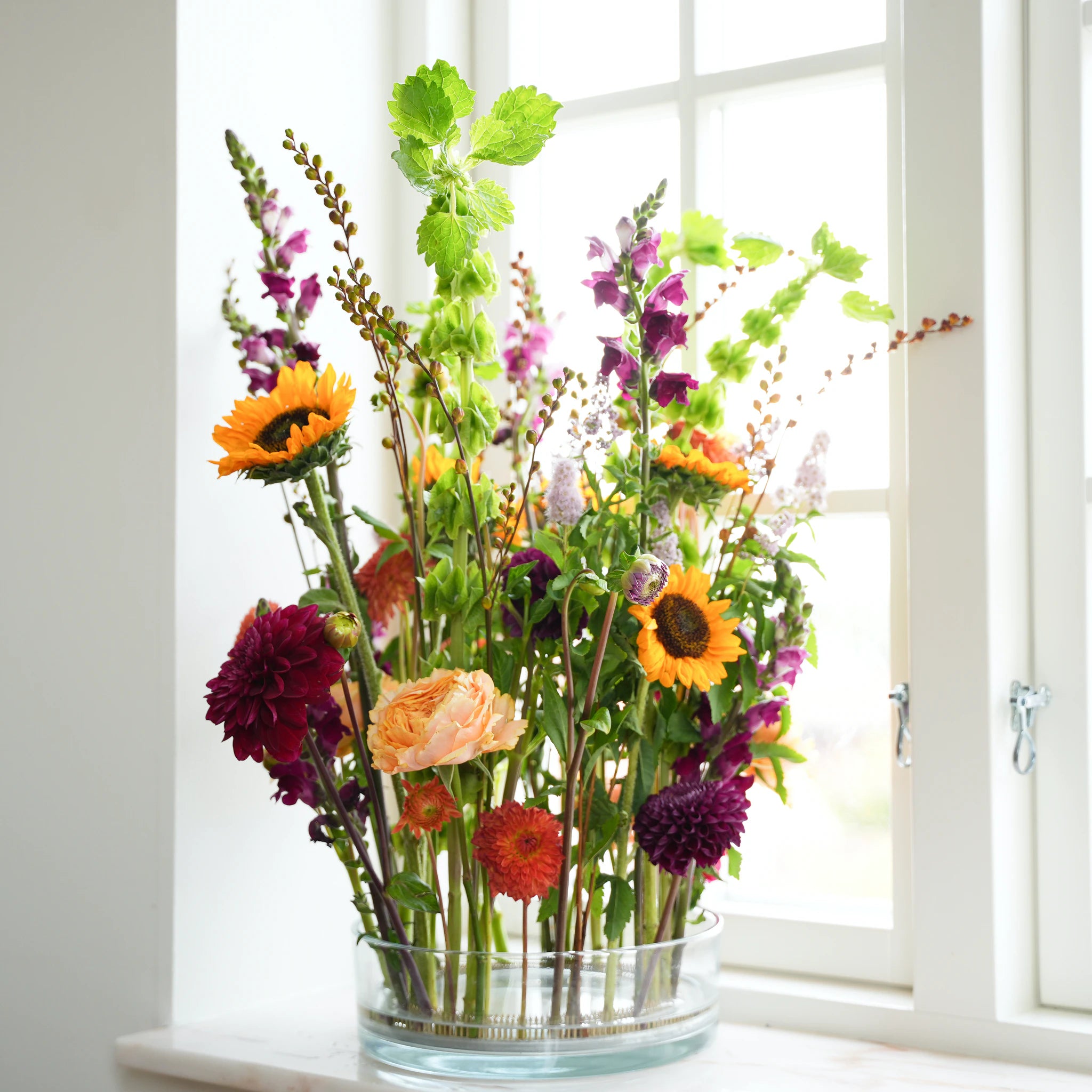 A lush and colorful arrangement of mixed flowers, including orange calendulas, purple snapdragons, and deep red dahlias, secured by a 200mm Kenzan ring on a windowsill, illuminated by natural light.