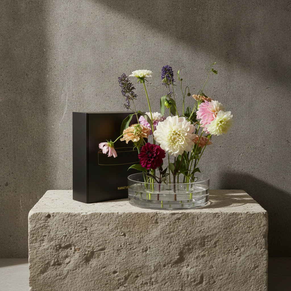A black rectangular gift box with gold lettering sits beside a clear round vase filled with mixed flowers, displayed on a rough stone pedestal against a textured gray wall.
