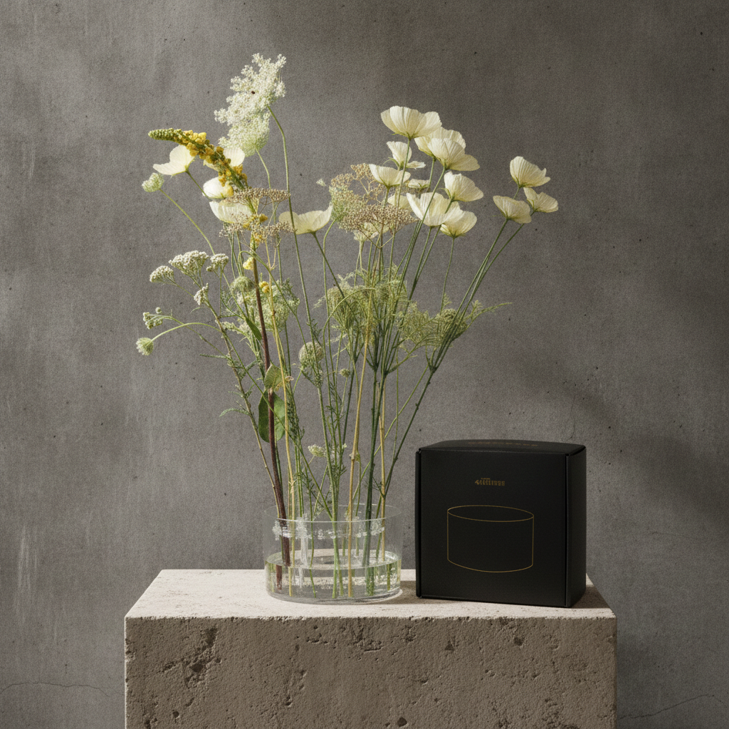 A clear glass vase filled with white and pale yellow dried flowers sits on a light stone pedestal next to a black rectangular box with a gold oval logo, set against a textured gray concrete wall.