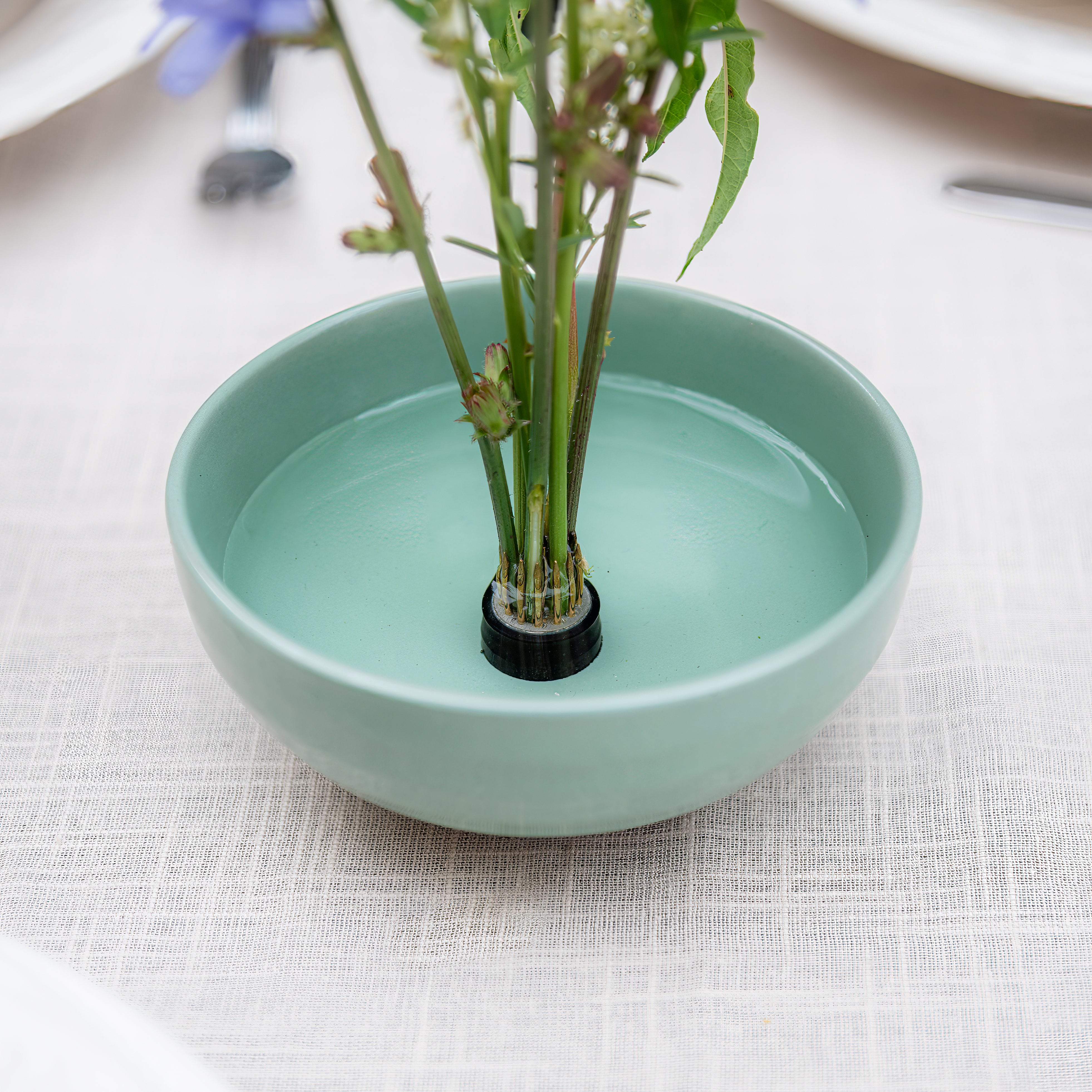 Small green ceramic bowl with a plant on a Hanataba Magnetic Mini Kenzan on a light fabric background