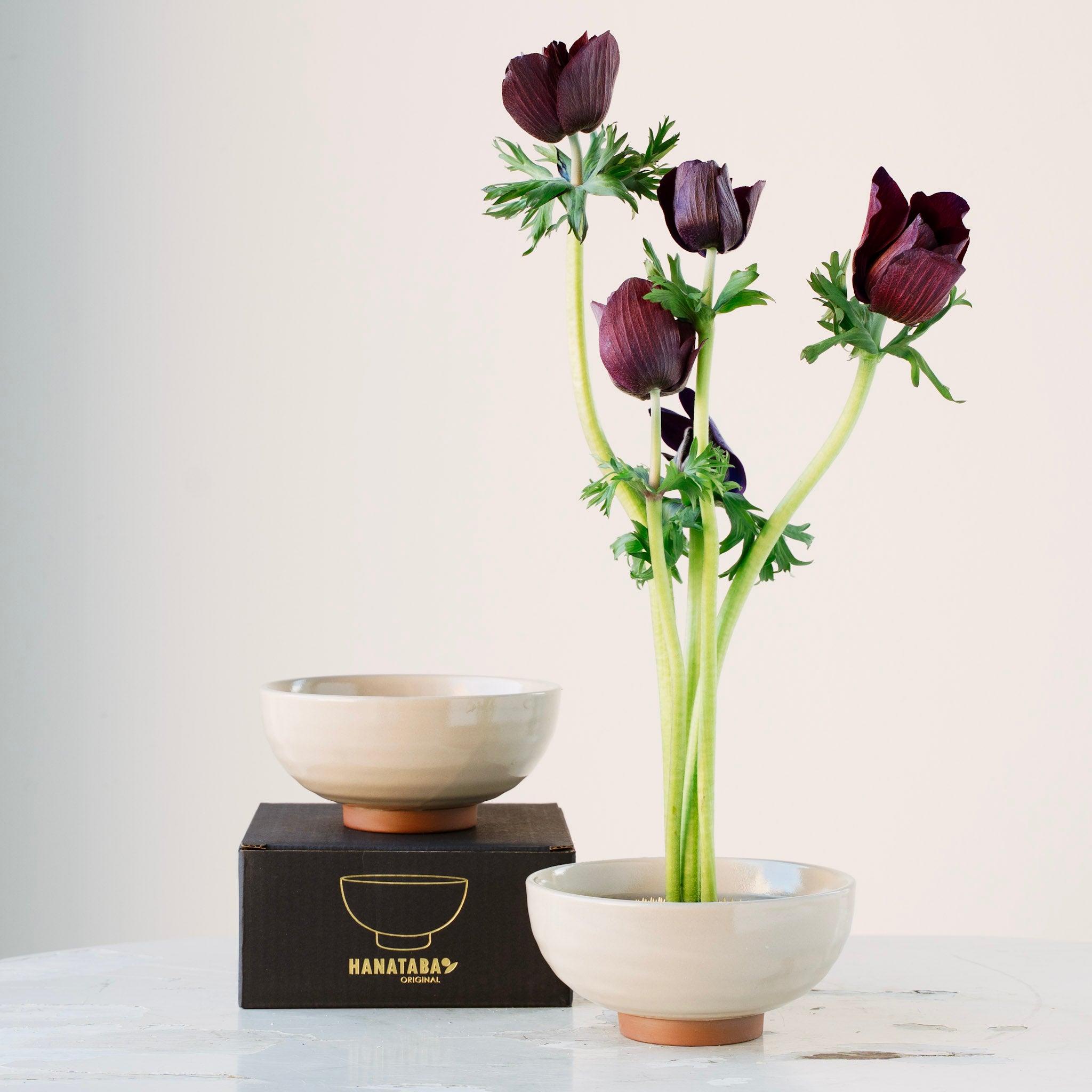 Beige ceramic kenzan 'kobachi' bowl with purple flowers on a white background