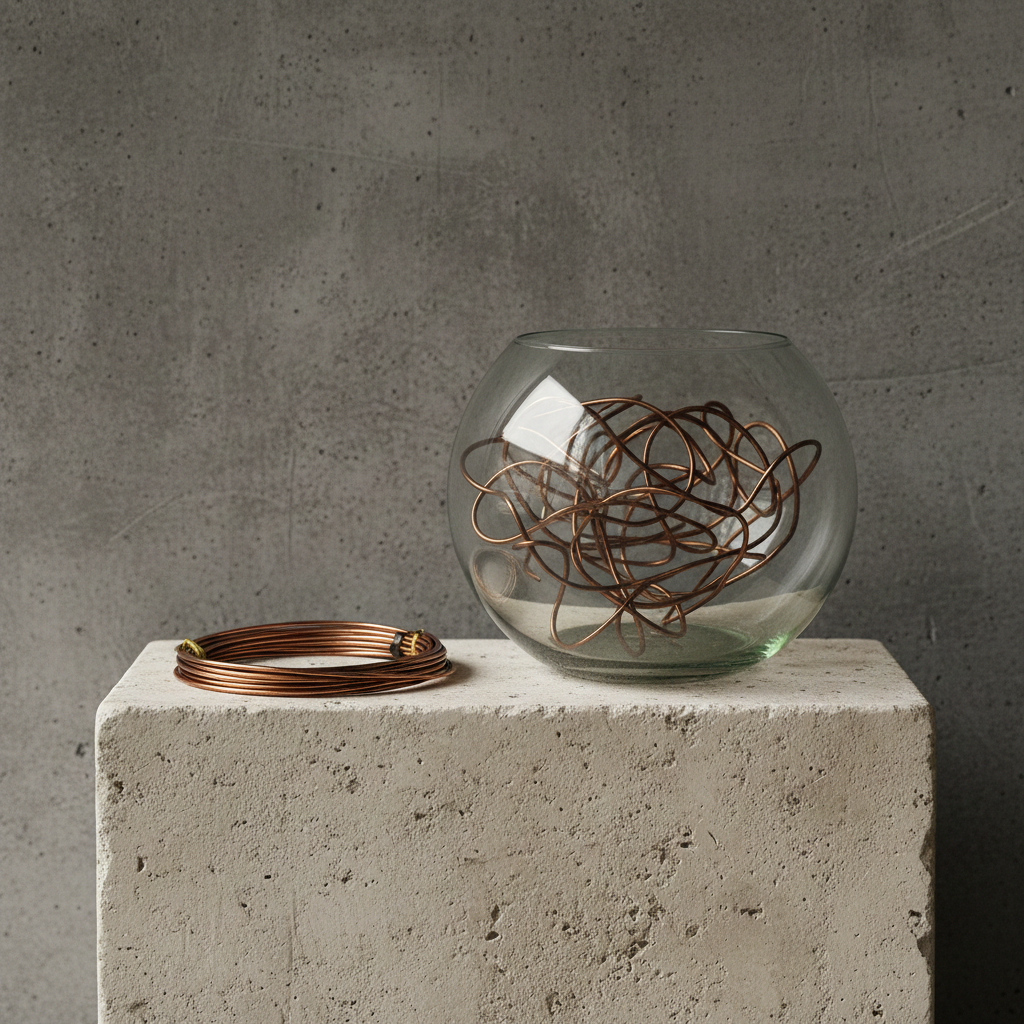 Glass vase with decorative brown metal hanataba bonsai wire used for floral arrangementspiece on a concrete block against a gray background