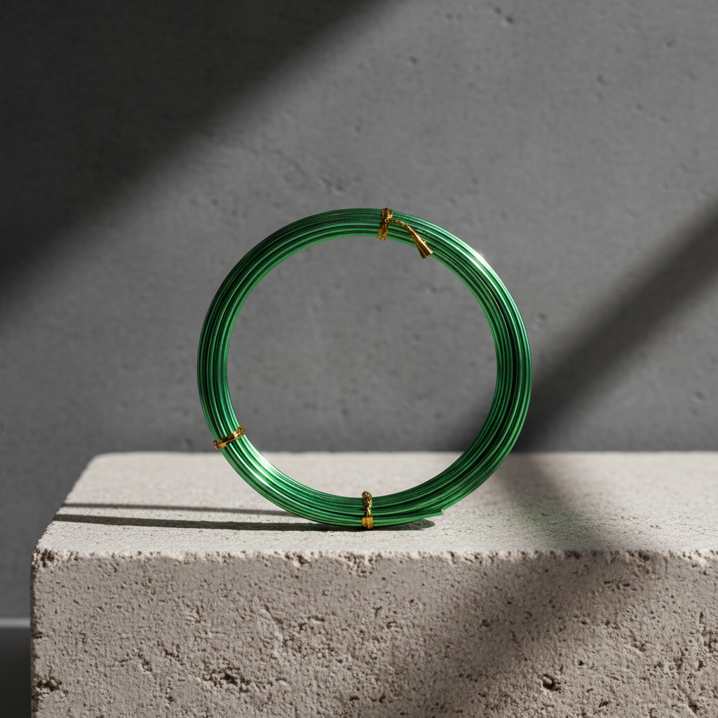 Green bonsai wire coiled on a concrete block with a gray background
