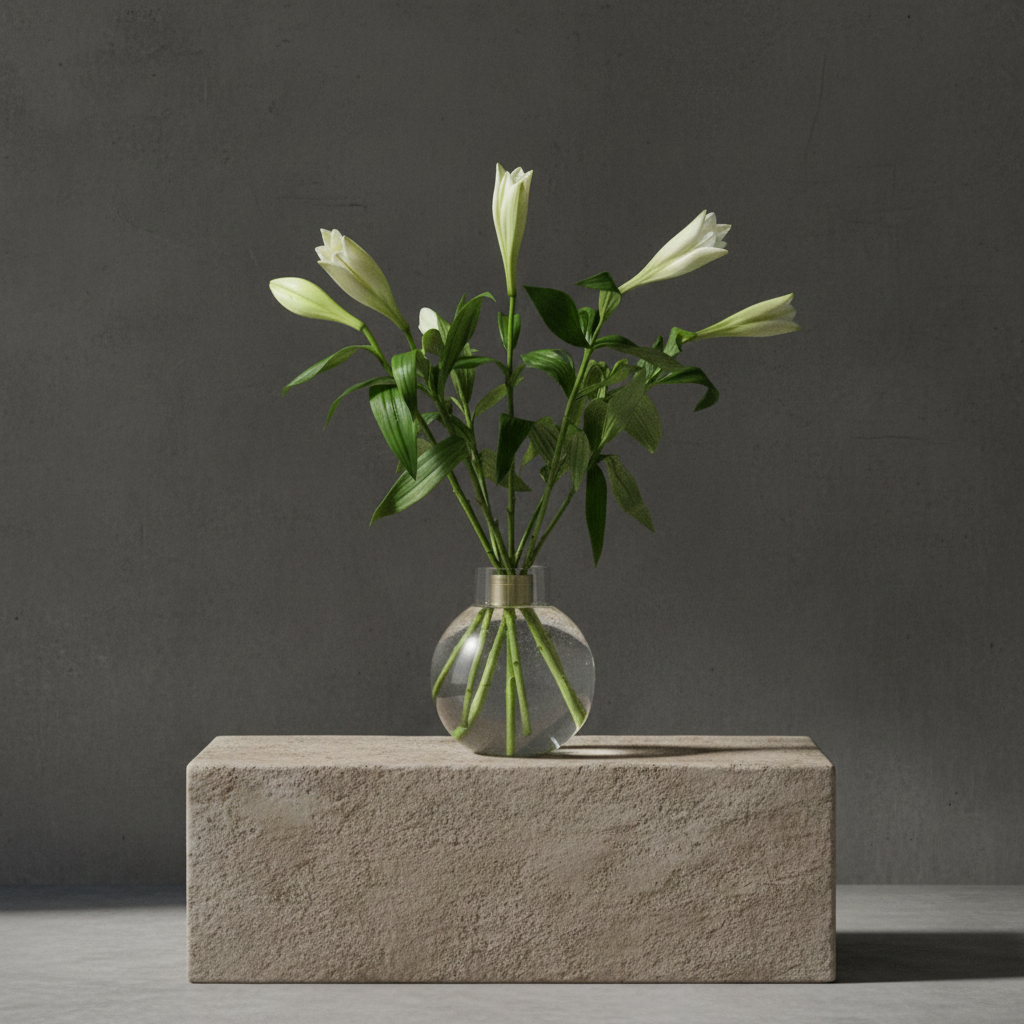 Stunning bouquet of fresh white lilies arranged in a Hanataba flower twister placed in a glass vase filled with water in a  white room