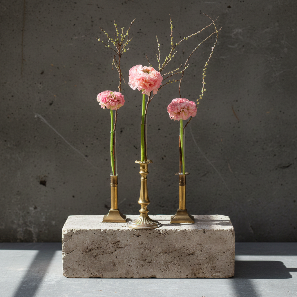 Three small hanataba candle vases  with pink ranunculus flowers on a concrete block against a gray wall.