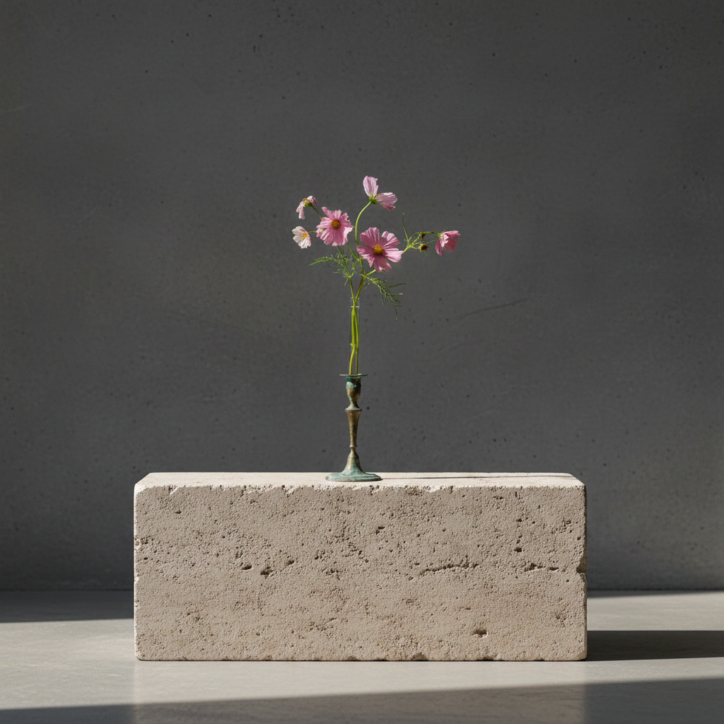 Small pink flower in a hanataba candle vase inserted on a candle holder standing on a concrete block against a dark gray background