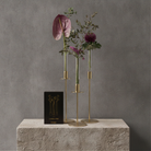 Three Hanataba Candle Vases set in three slim gold-toned candelabra-style holders with round bases, styled with dried and artificial flowers, displayed on a stone pedestal against a textured gray wall. A black box labeled Candelabra No.