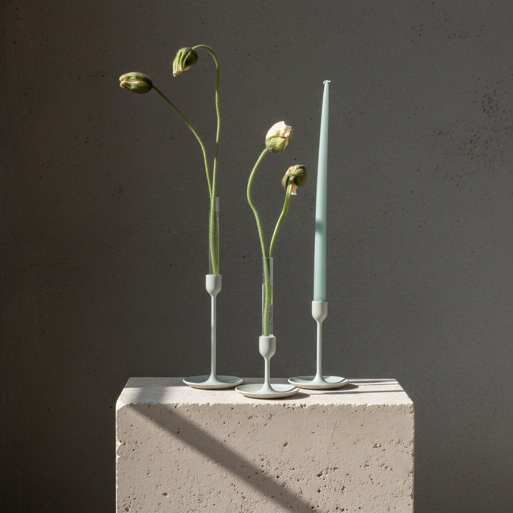 Three slender candle vases with flowers on a concrete block against a dark background