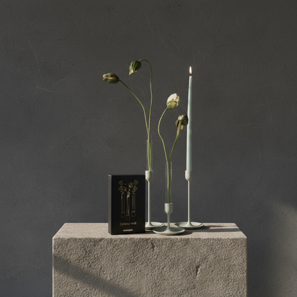 Candle vases with flowers onto candle holders on a stone surface with a dark background