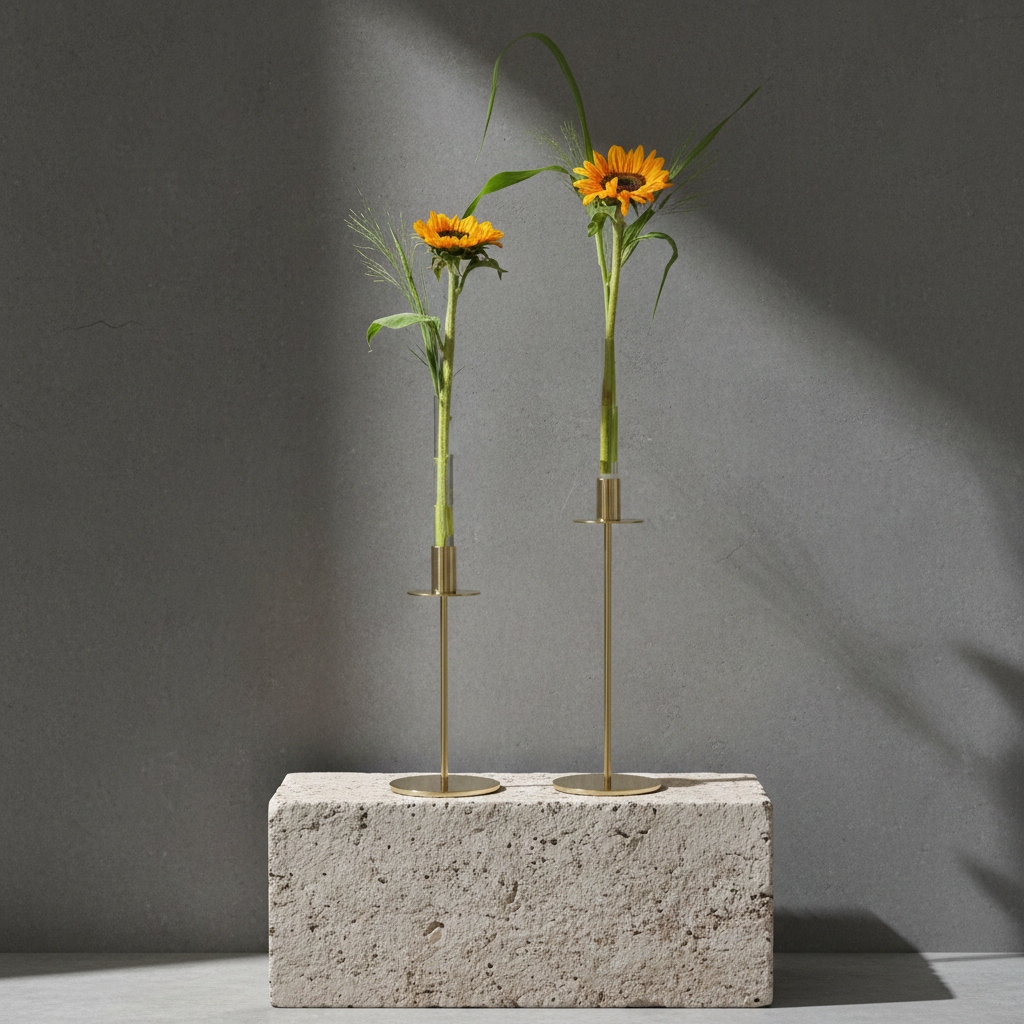Two sunflowers in slender candle vases on a concrete block against a gray background