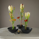 Three black bowls with Hanataba Magetic Mini Kenzan with Vlower Arrangements containing Leucadendron and Crocosmia flowes. 