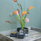 A floral arrangement with orange and pink calla lilies and a pink daisy in a black round planter, styled on a weathered wooden tray with Hanataba Bouquet Twister Crystal Clear and a kenzan 70 mm with a black box labeled HANATABA.