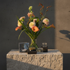 Bouquet arranged in a hanataba bouquet twister flower holder crystal clear using dahlias and calla lillies
