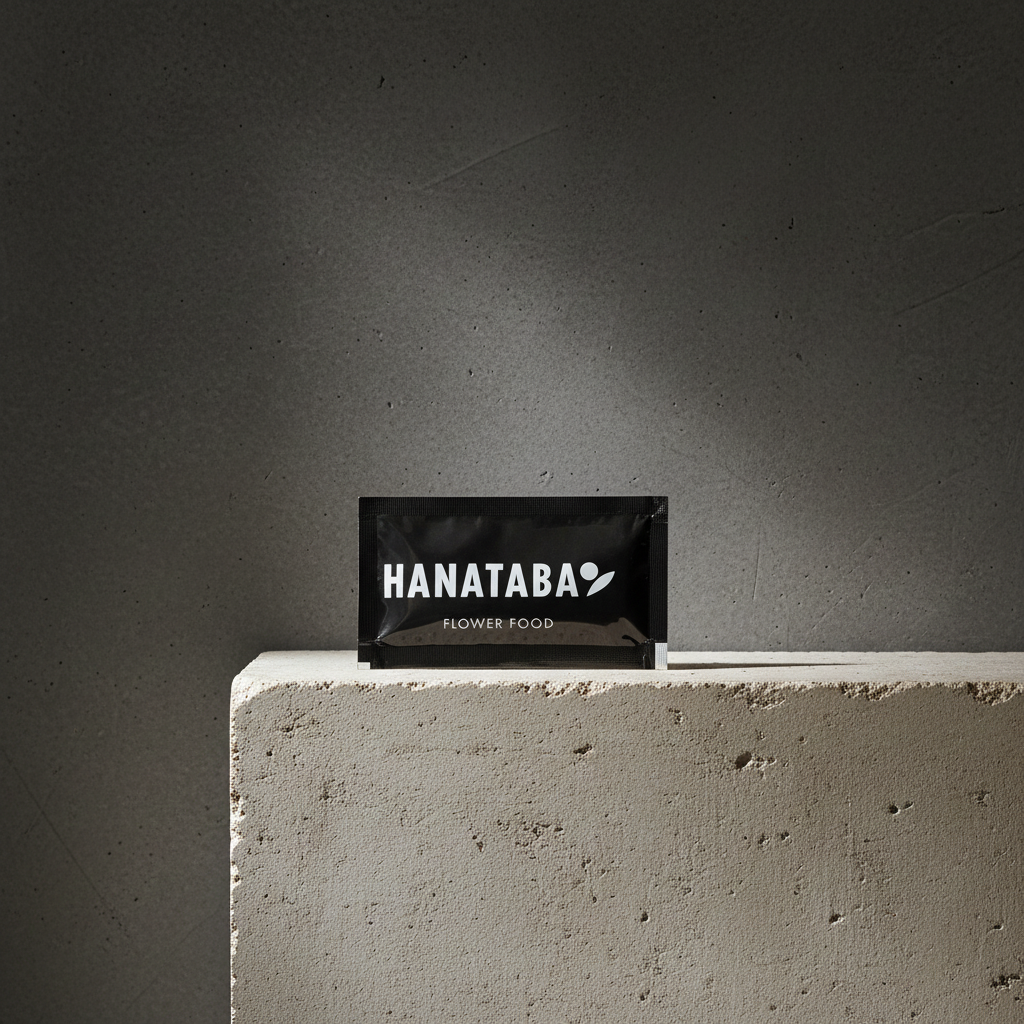 HANATABA flower food packaging for enhancing flower longevity standing on a concrete surface with a dark background 