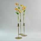 Hanataba Candle Vase 3-Pack in a set of three gold candle holders containing flowers on a gray background