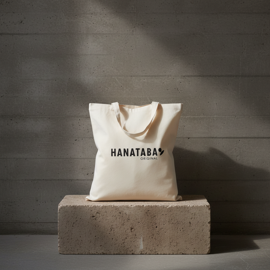Beige tote bag with 'HANATABA' branding on a concrete block against a gray concrete wall.