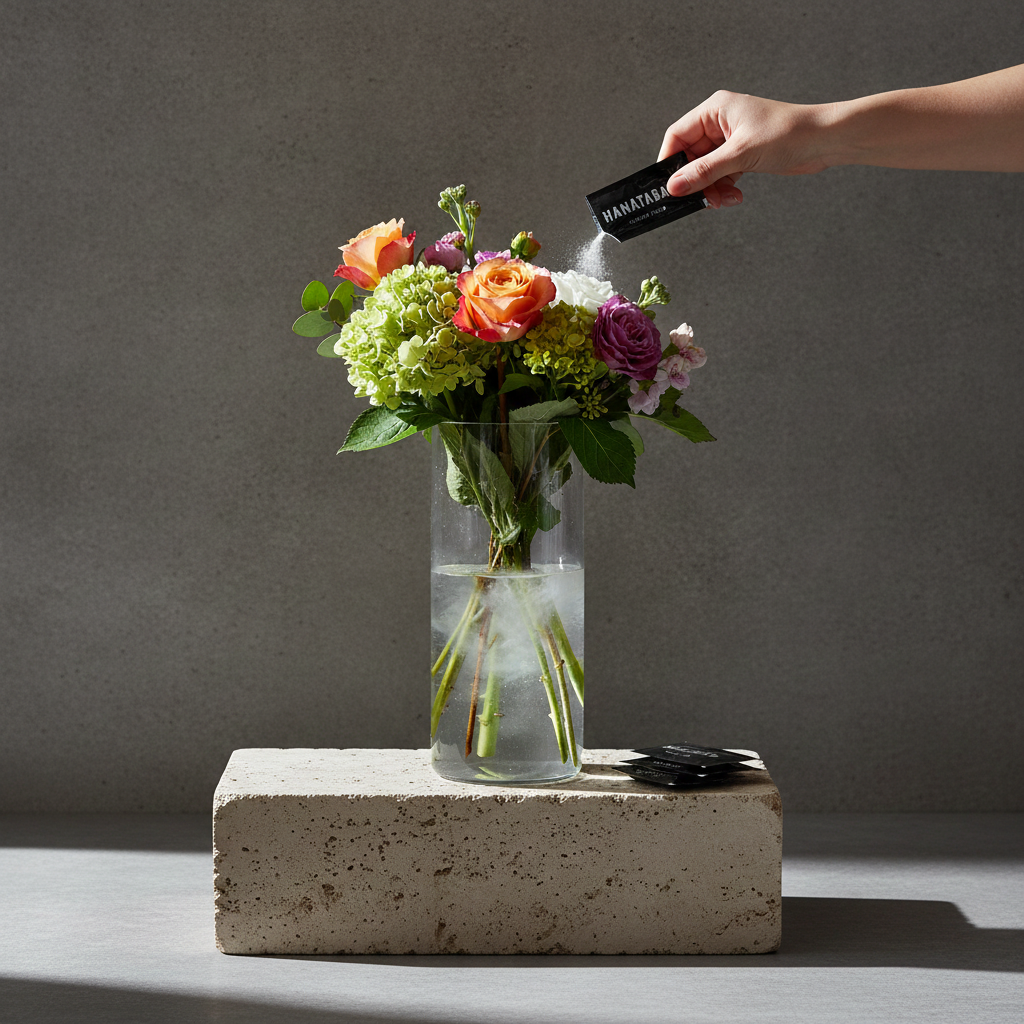 A hand holds a black HANATABA flower nutrition package while pouring the nutrition into a clear glass vase filled with a colorful flower bouquet, set on a textured stone block against a gray background.