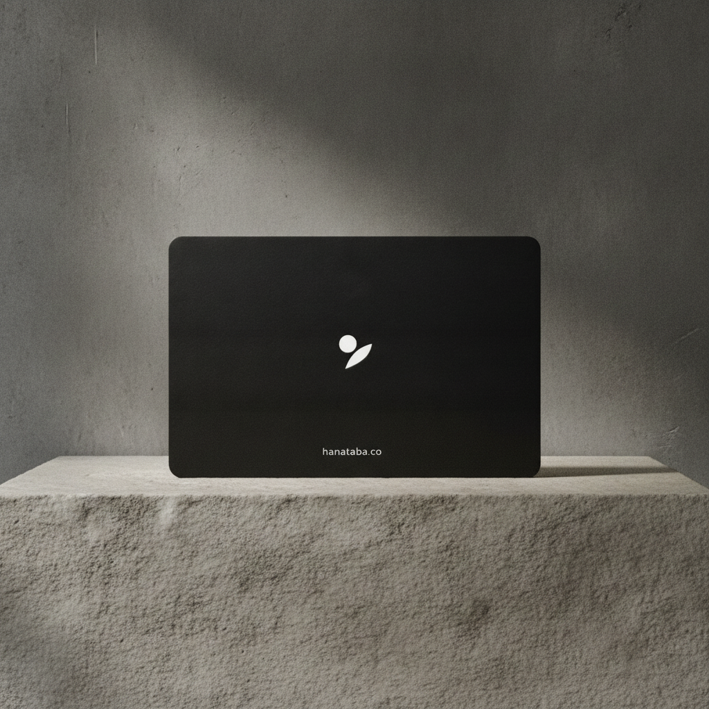 A black gift card with a minimalist white logo and the text 'hanataba.co' on the lid, displayed closed on a textured light gray stone pedestal against a dark gray concrete wall with dramatic side lighting.