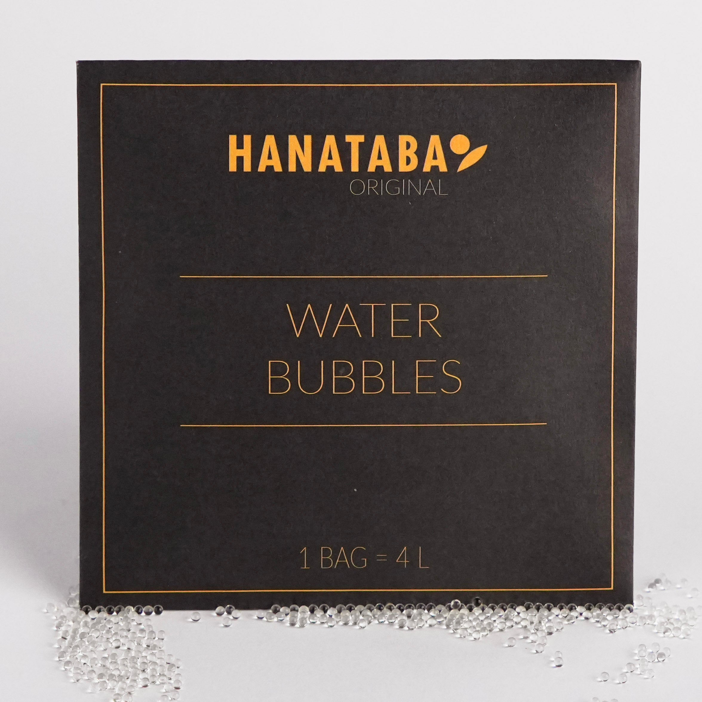 A sophisticated package labeled 'HANATABA Original Water Bubbles' with the text '1 BAG = 4L', accompanied by transparent water bubbles in front, designed for enhancing flower arrangements.
