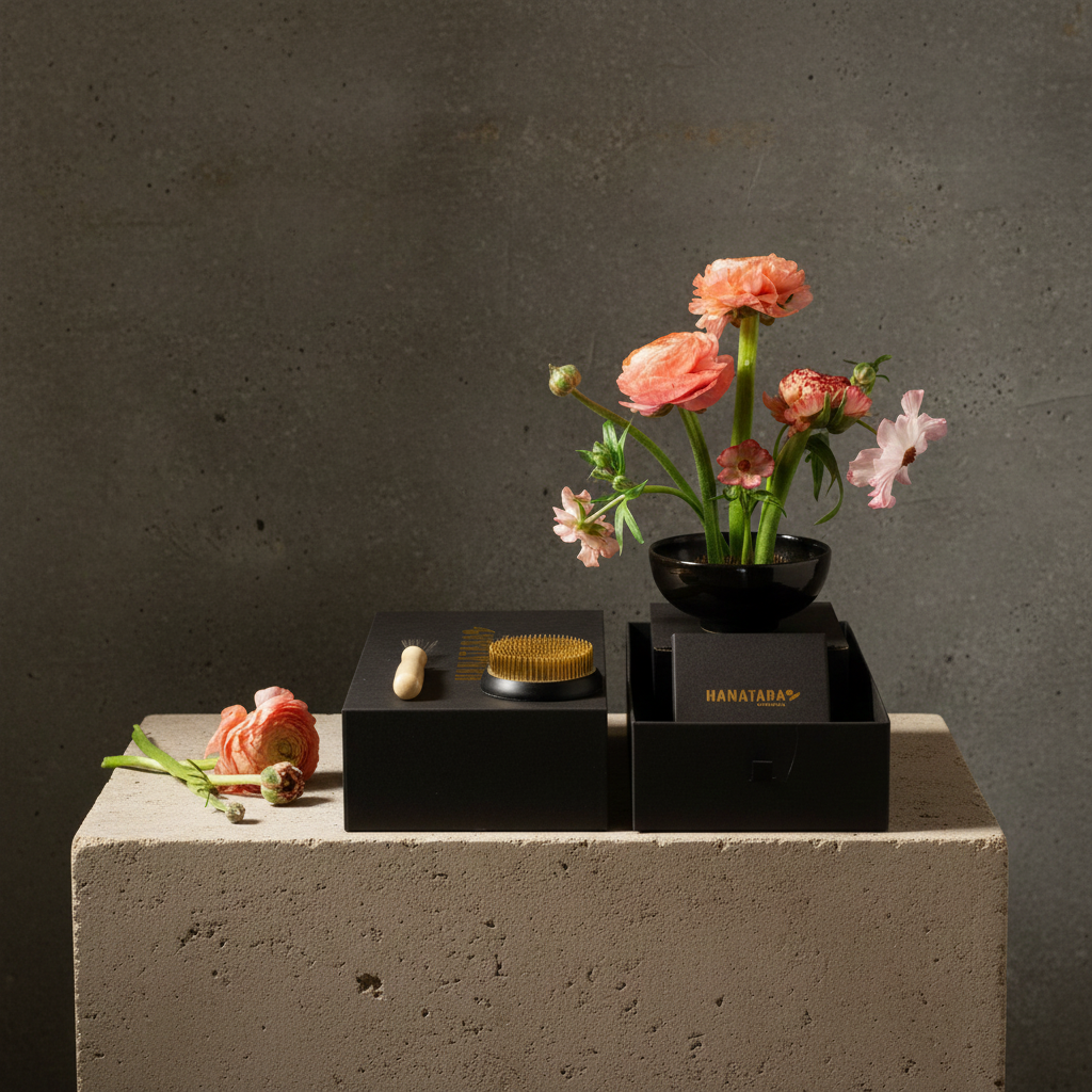 Floral arrangement in a black pot on a concrete surface with a dark background