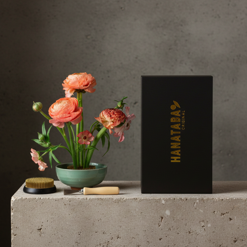 Floral arrangement in a pot with a brush and a black box labeled 'HANATABA' on a concrete surface.