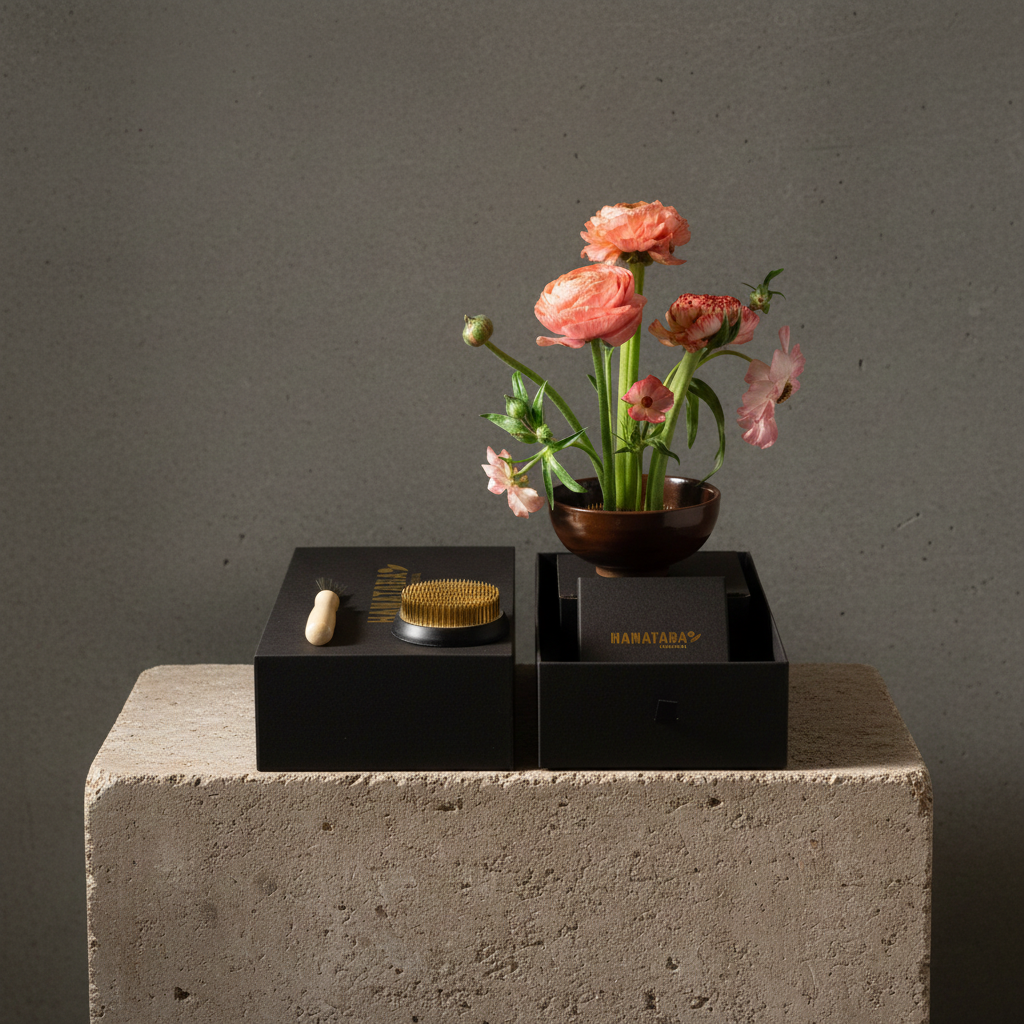 Set of flower arrangement tools and a small pink ranunculus on a concrete block with a gray background