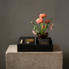 Set of flower arrangement tools and a small pink ranunculus on a concrete block with a gray background