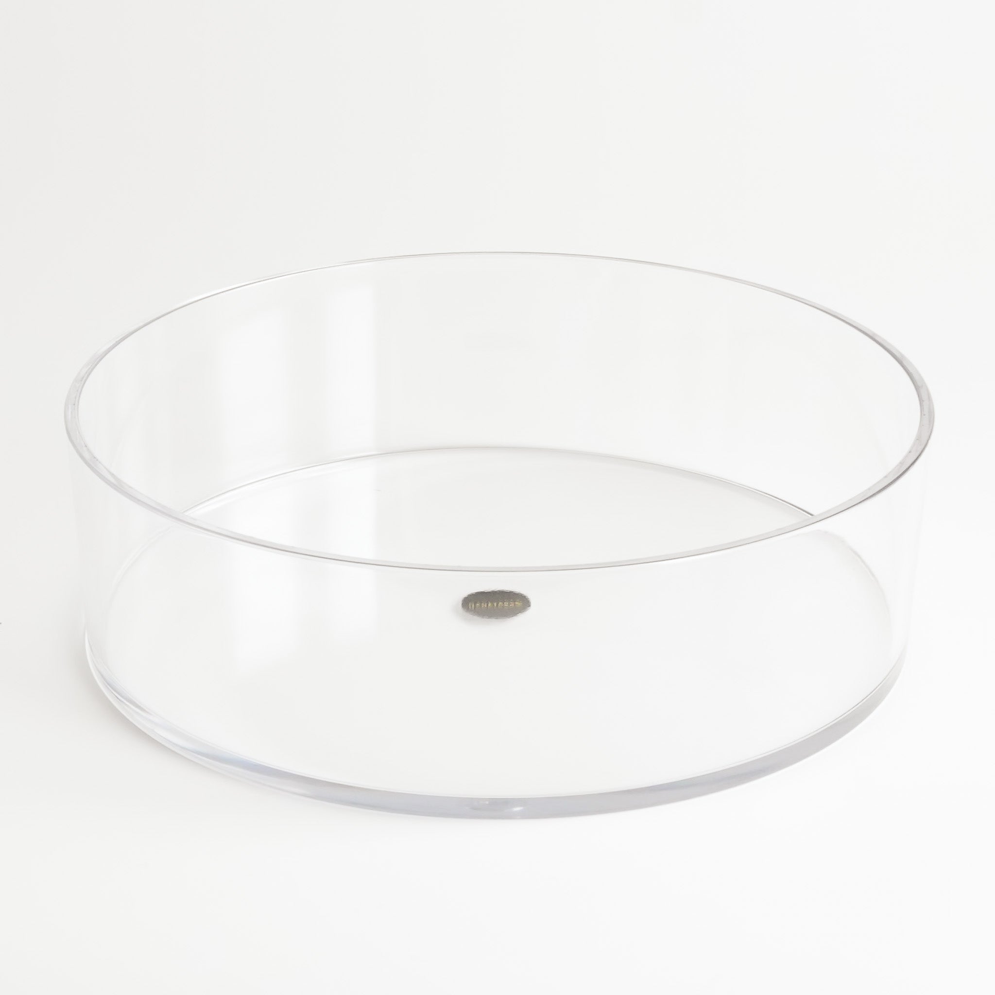 Hanataba Acrylic Cylinder Vase, 7 cm tall and 23.5 cm wide, shown empty with a Hanataba sticker attached inside.