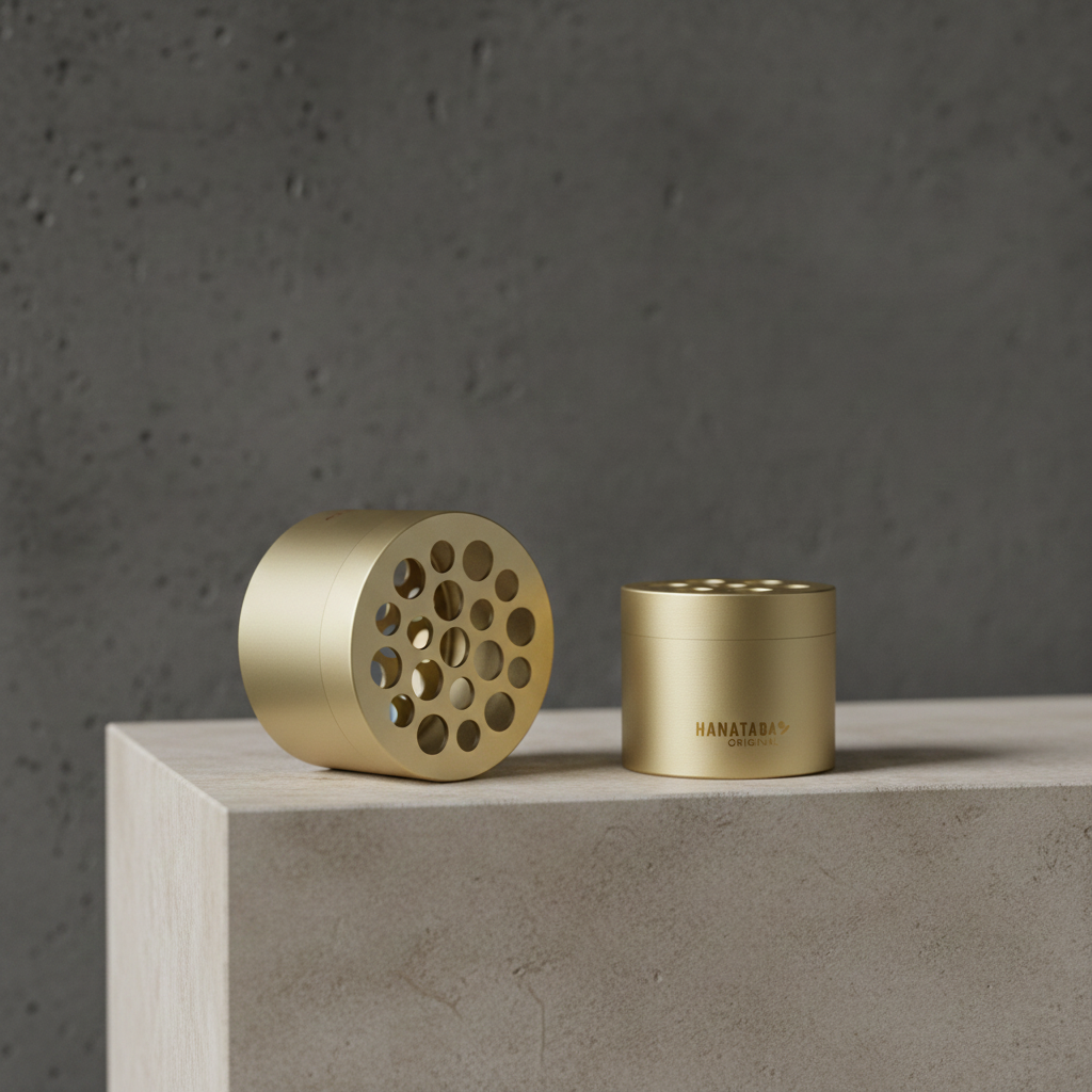 Two brass-colored metal Hanataba bouquet flower twisters, one large (66mm x 45mm) with 19-30 holes and one small fitting 7-15 stems.