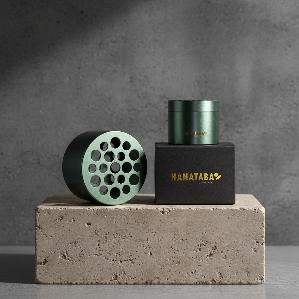 Green cylindrical Hanataba bouquet flower twisters and black box with 'HANATABA' branding used to create and make beutiful bouquets without previous experience, standing on a concrete block against a gray background.
