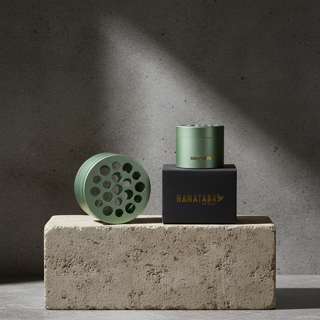 Two green cylindrical Hanataba bouquet flower twisters used for making spiral bouquets at home without experience on a concrete block with a dark background