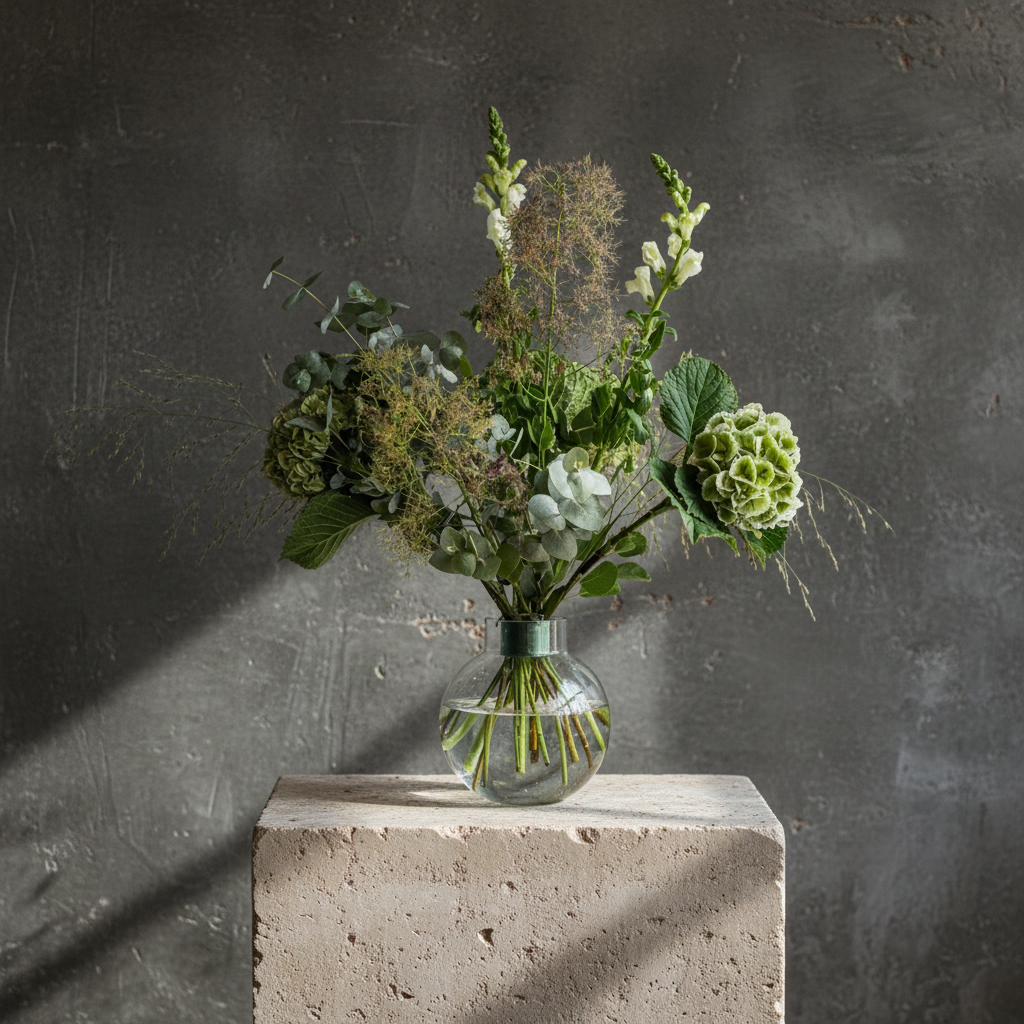 Hanataba bouquet twister Ivy green flower twister holder in a hanataba bubble vase standing on a stone block infront of a dark grey wall
