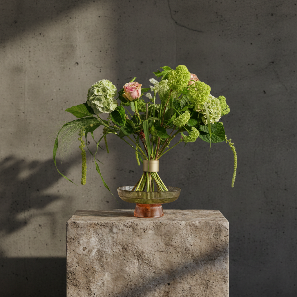 Hanataba Twister flower holder in champagne gold with bouquet of green hydrangea and pink roses in glass vase.