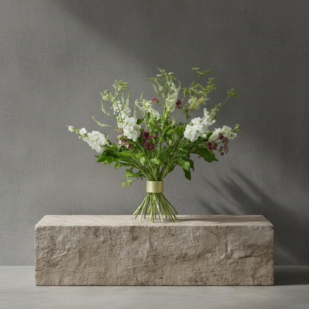 Hanataba Twister flower holder in champagne gold with airy bouquet of white snapdragons, green foliage and wildflowers on stone pedestal