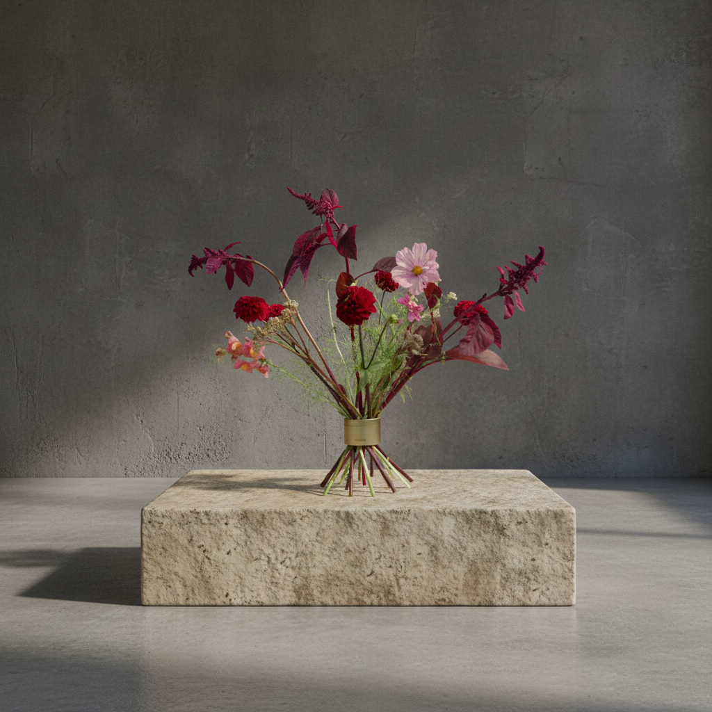 Hanataba Twister flower holder in champagne gold with modern bouquet of deep red flowers and pink cosmos on stone pedestal