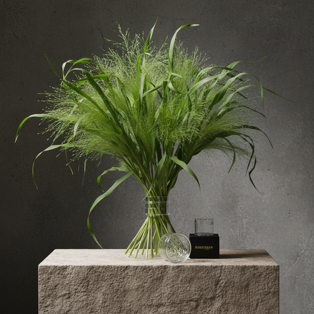Bouquet of green grasses in a Hanataba bouquet flower twisterin color 'crystal clear' on a stone surface with a dark background