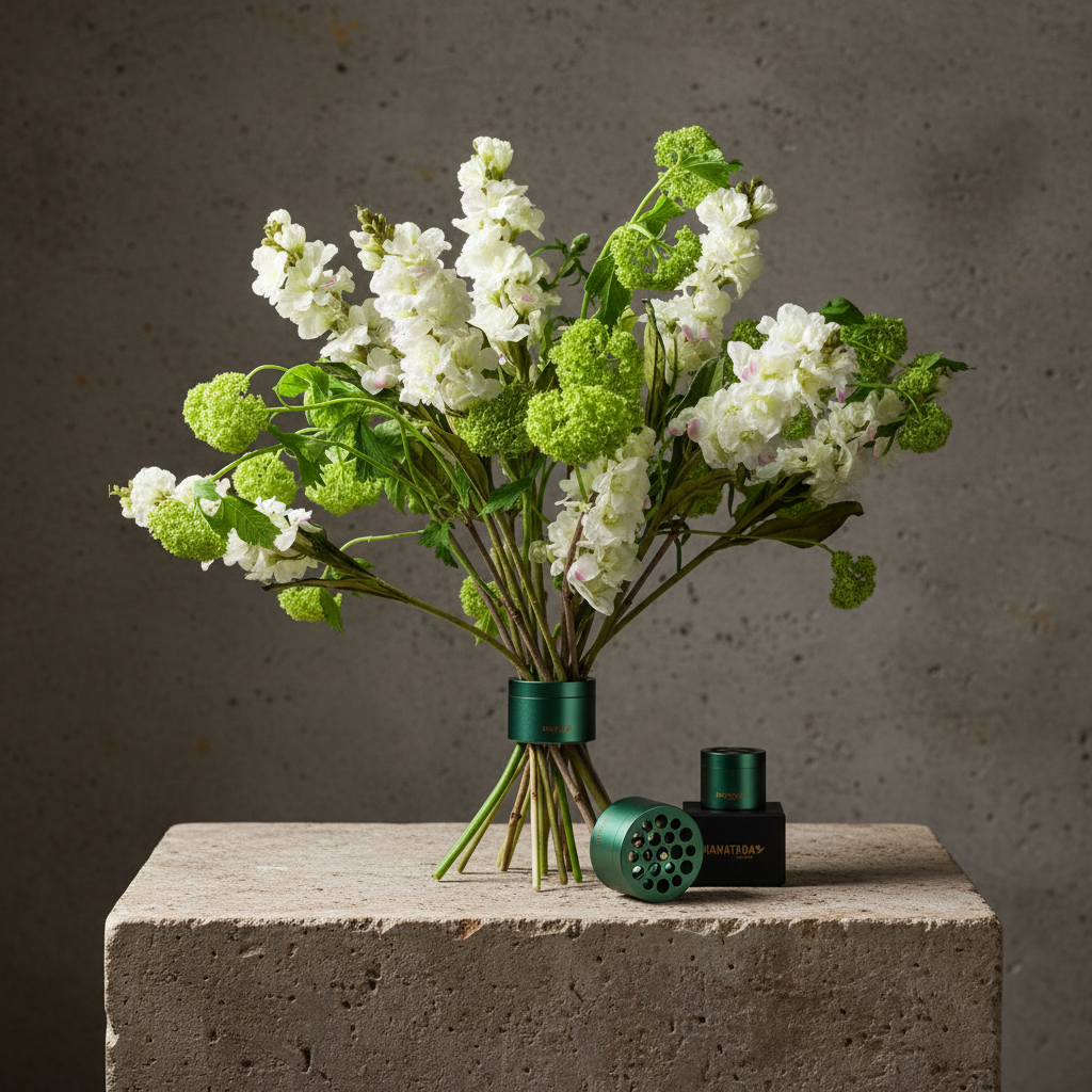 Bouquet of white flowers with greenery in a 'Ivy green' Hanataba bouquet flower twister standing on a stone surface against a gray background