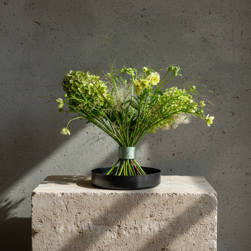 Hanataba Twister flower holder in matcha green with airy bouquet of green hydrangea, ranunculus and wild grasses on stone pedestal