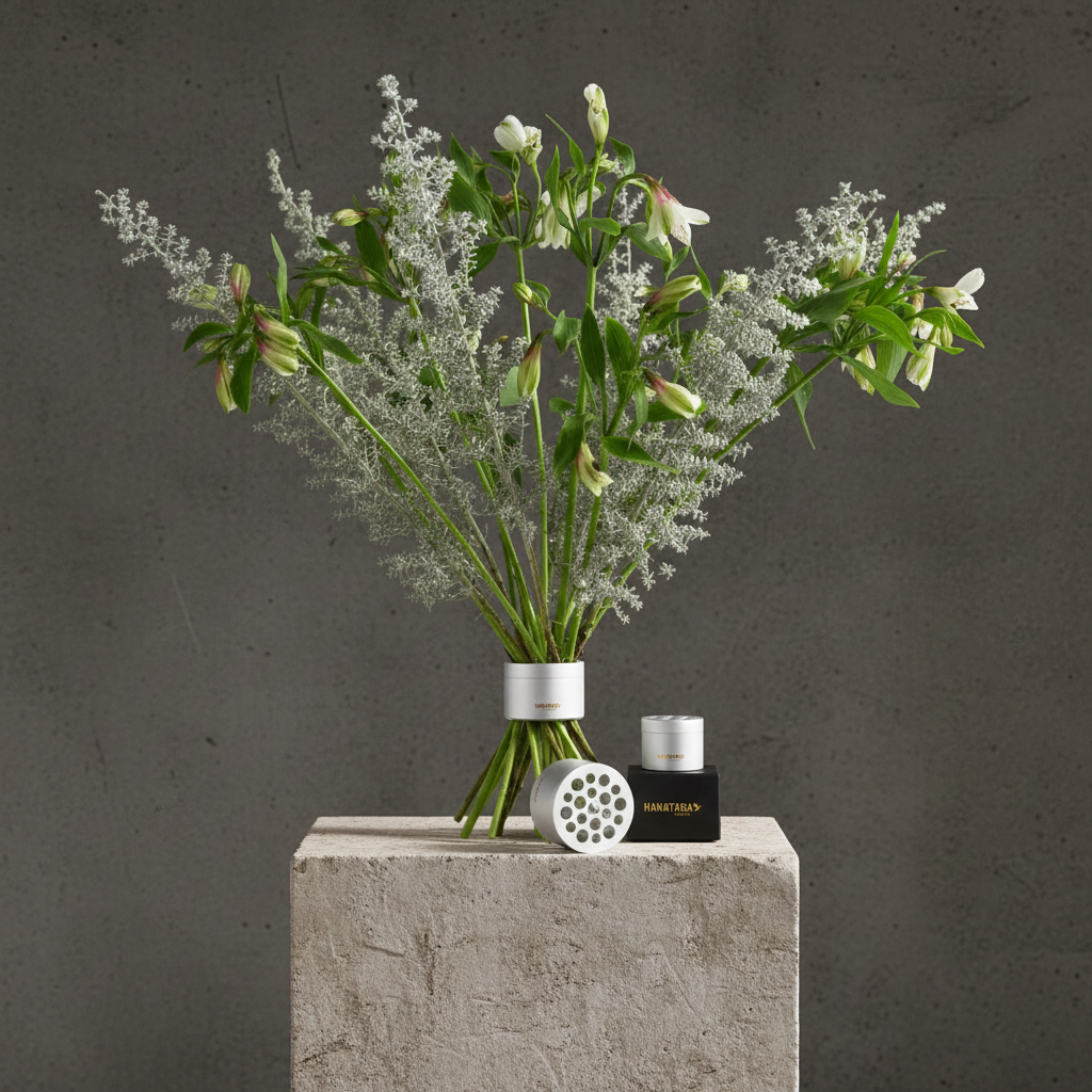 Bouquet of flowers in a Hanataba bouquet flower twister in color 'Pearly Silver' on a concrete block with a dark background