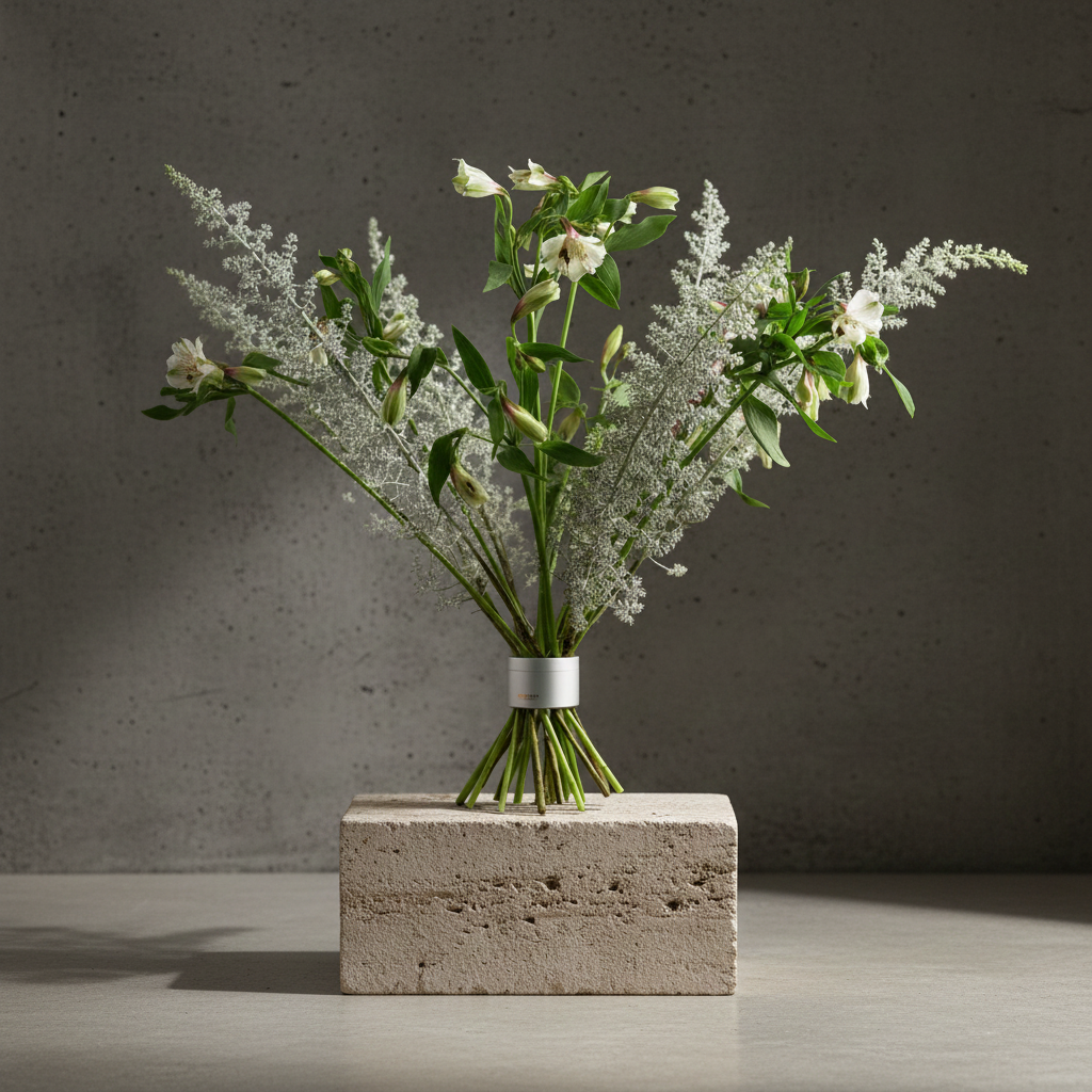 Bouquet of white flowers with green leaves inside a hanataba bouquet twister flower holder standing on a concrete block against a dark background
