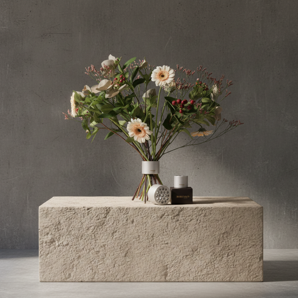 Bouquet of flowers in a hanataba bouquet bouquet flower twister holder standing on a stone surface with a dark background