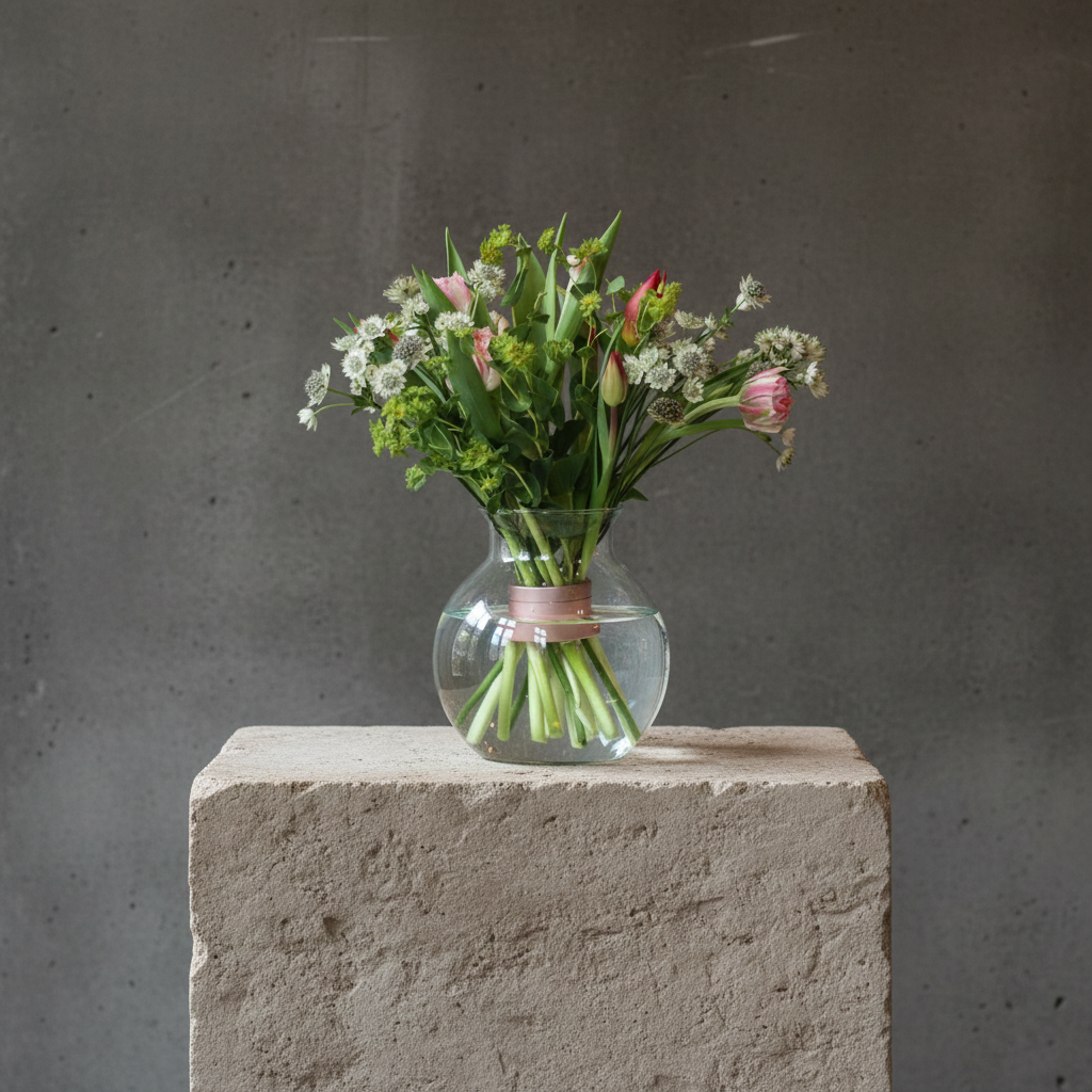 Hanataba Twister pink champagne holding a fresh mixed bouquet in clear glass vase with tulips and greenery
